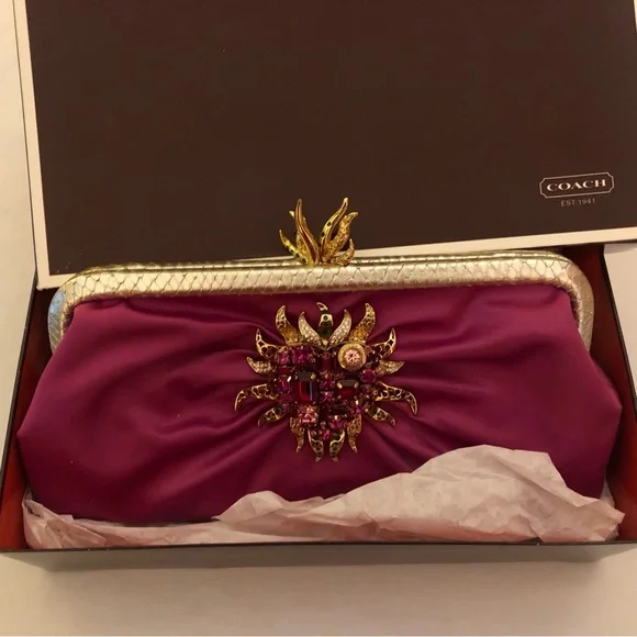 Coach Magenta "Flamed Heart" Clutch with Gold Accents; Tony Duquette; 2012 - Picture 5 of 14
